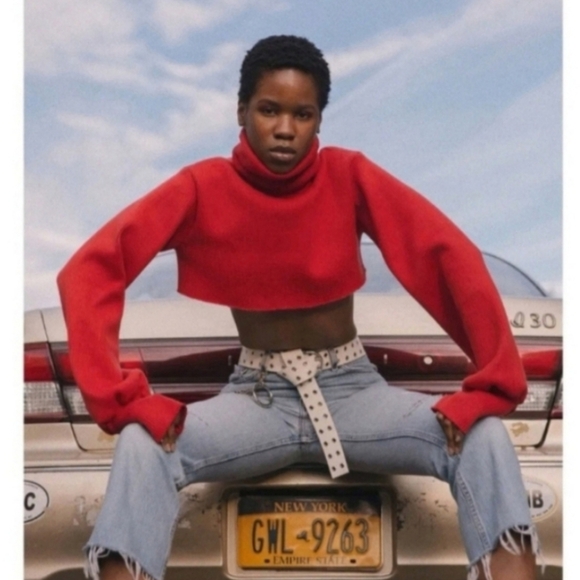 ORSEUND IRIS CROPPED RIB KNIT TURTLENECK DISTRESSED SWEATER,New Products : American Fashion Style Bags On Sale
